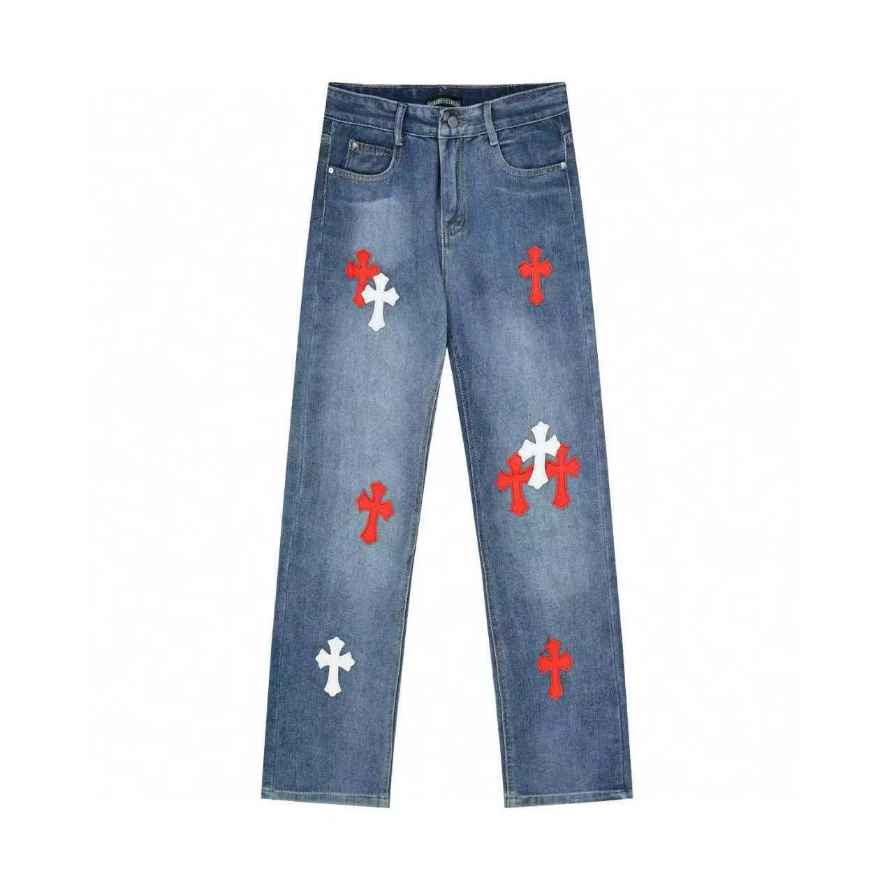 P270 Chrome Hearts/Chrome Hearts Classic Color Leather Cross Washed Color Fabric Unisex Denim Trousers Color: Picture Color Code Number: 28-36